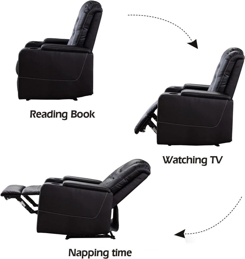 Black Leather Power Recliner With Usb And Cup Holders