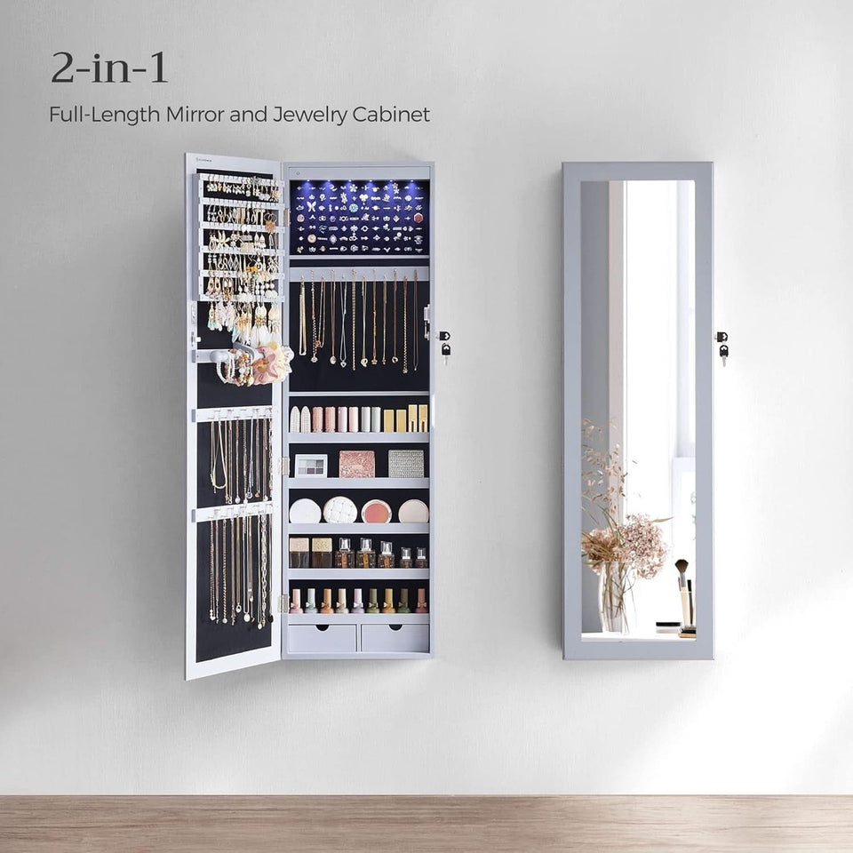 47.2 Inch Tall Lockable Jewelry Cabinet With Mirror Gray