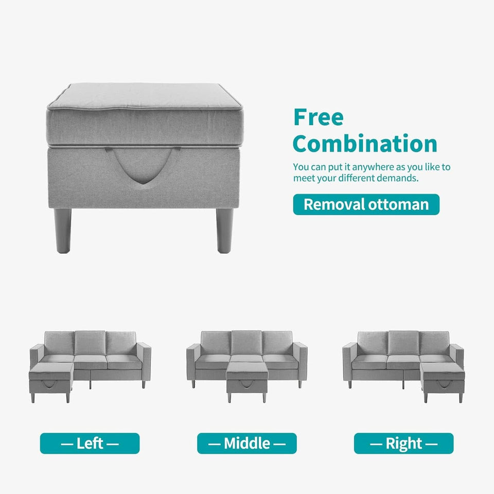 Light Grey Living Room Sofa Set With Movable Ottoman