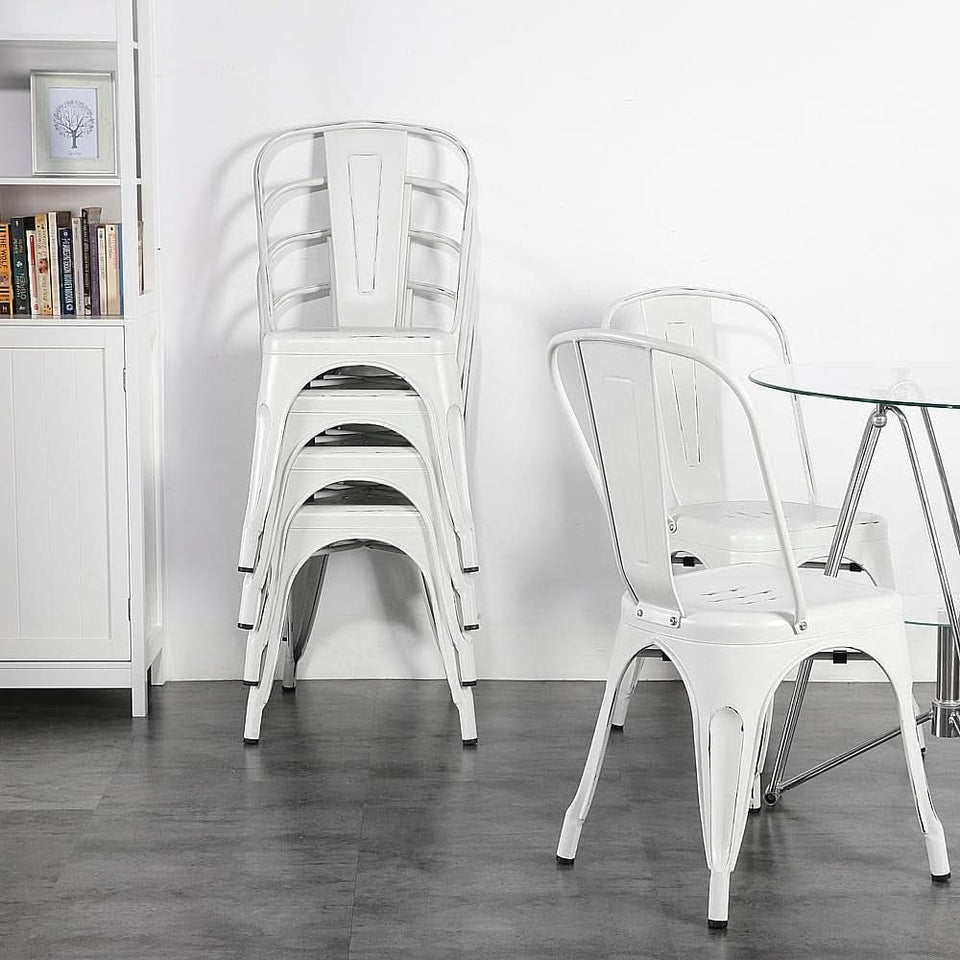 Stackable Distressed White Metal Dining Chairs For Indoor Outdoor Set Of 4