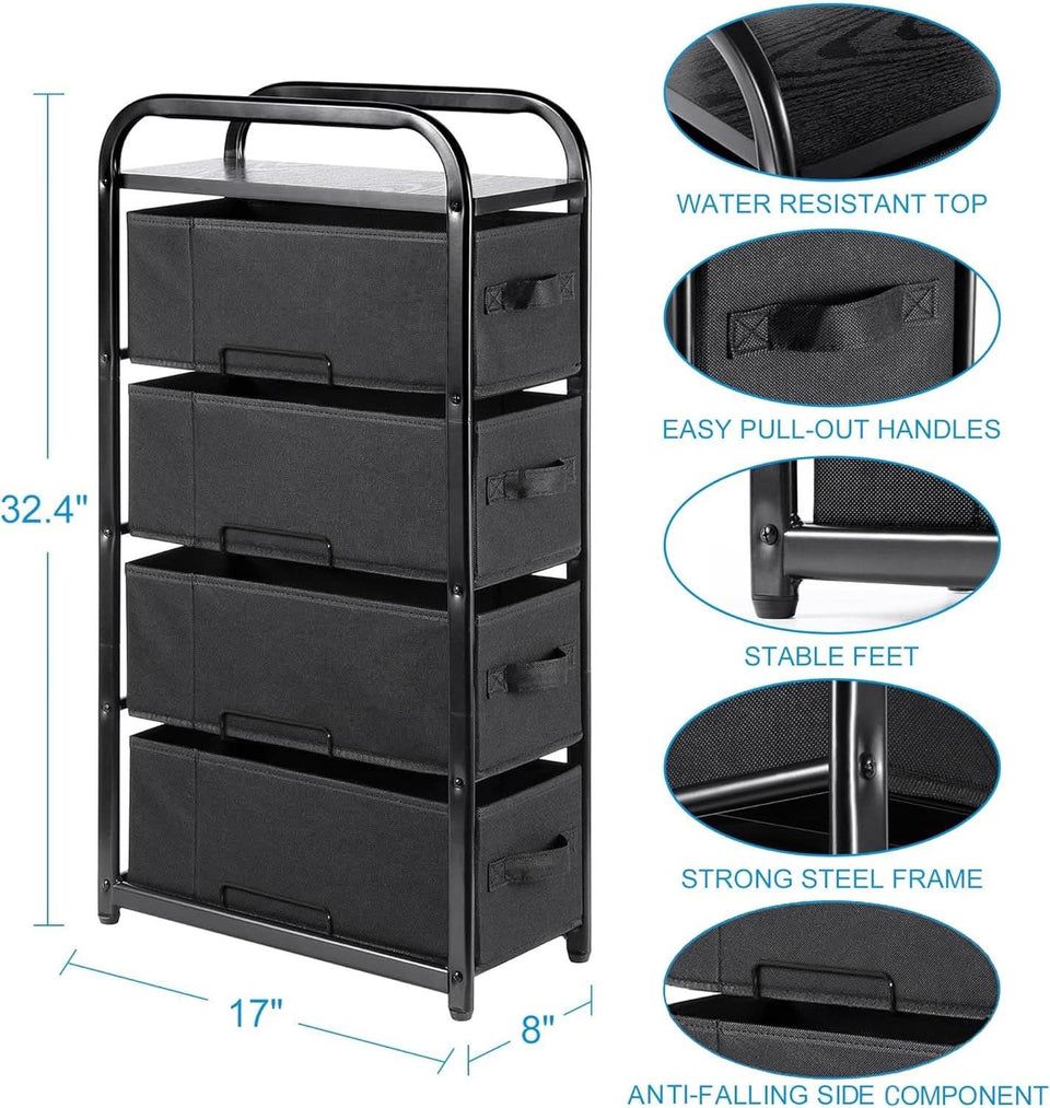 4 Drawer Narrow Fabric Dresser Storage Tower With Wood Top Black