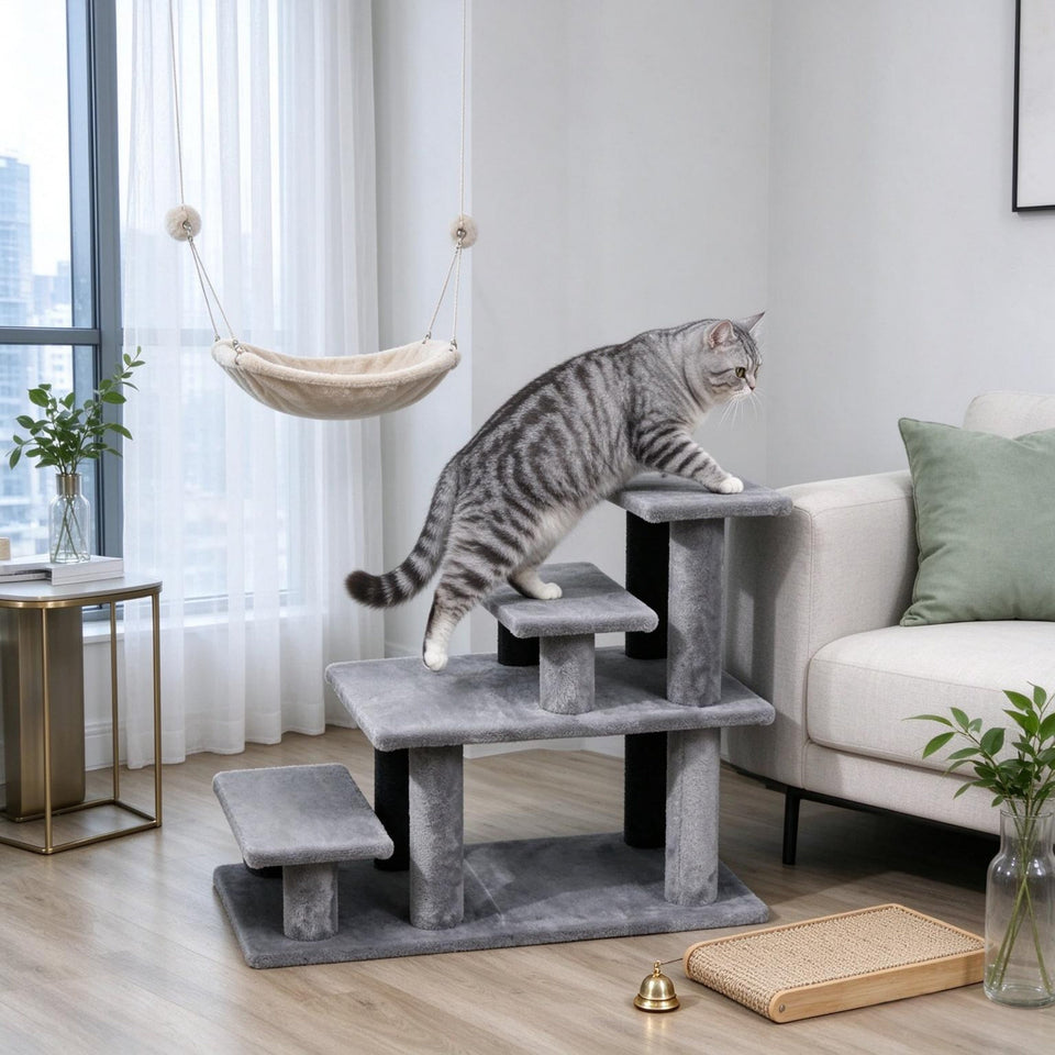 Modular Pet Cat Stairs with Flexible Setup - Particleboard & Plush, Gray/Black