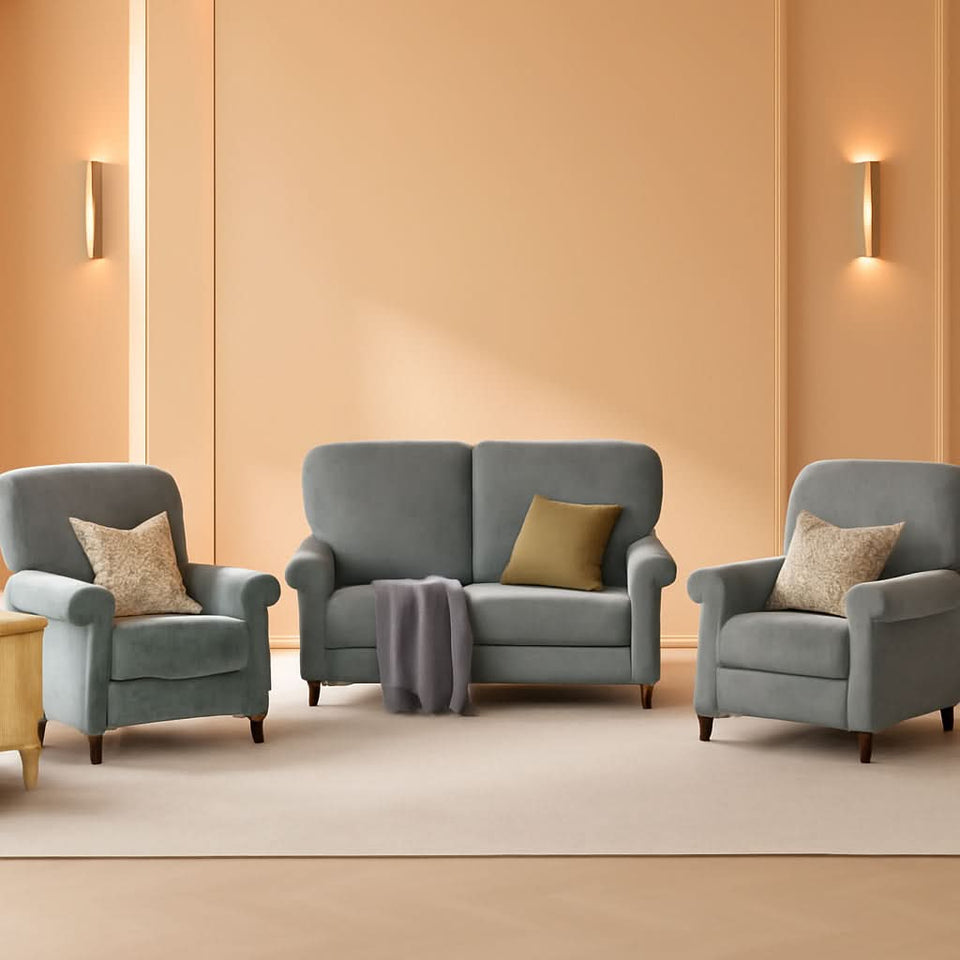 3 Piece Living Room Furniture Set Grey Linen Fabric Loveseat And Two Accent Chairs