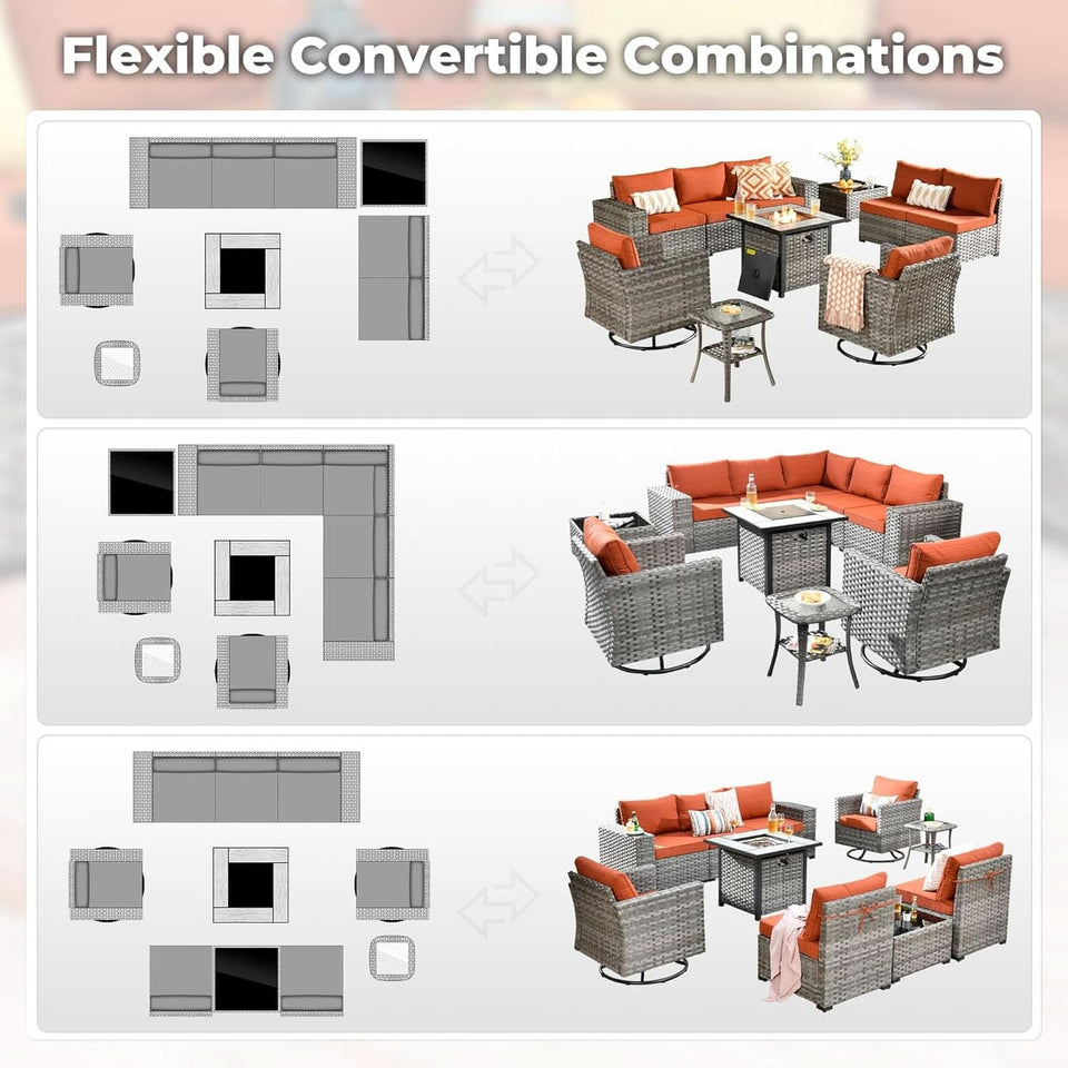 Modular Outdoor Wicker Sofa Set with Fire Pit