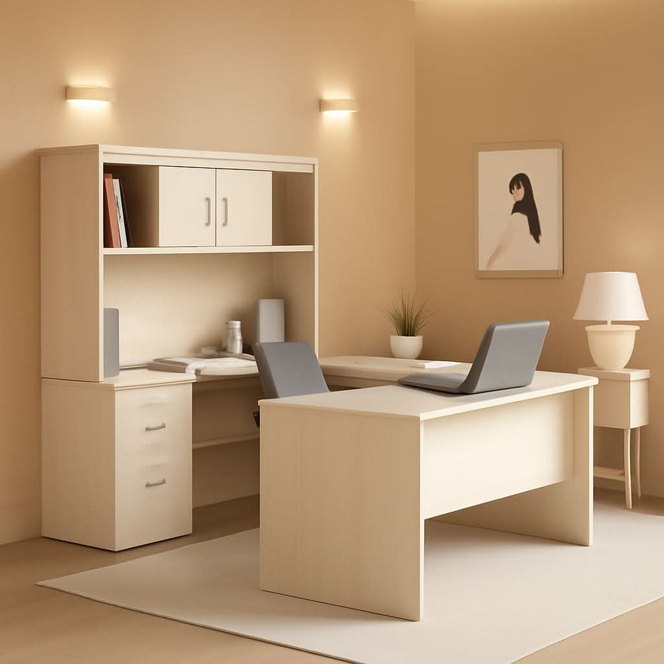 66W White Chocolate L Shaped Executive Desk With Hutch