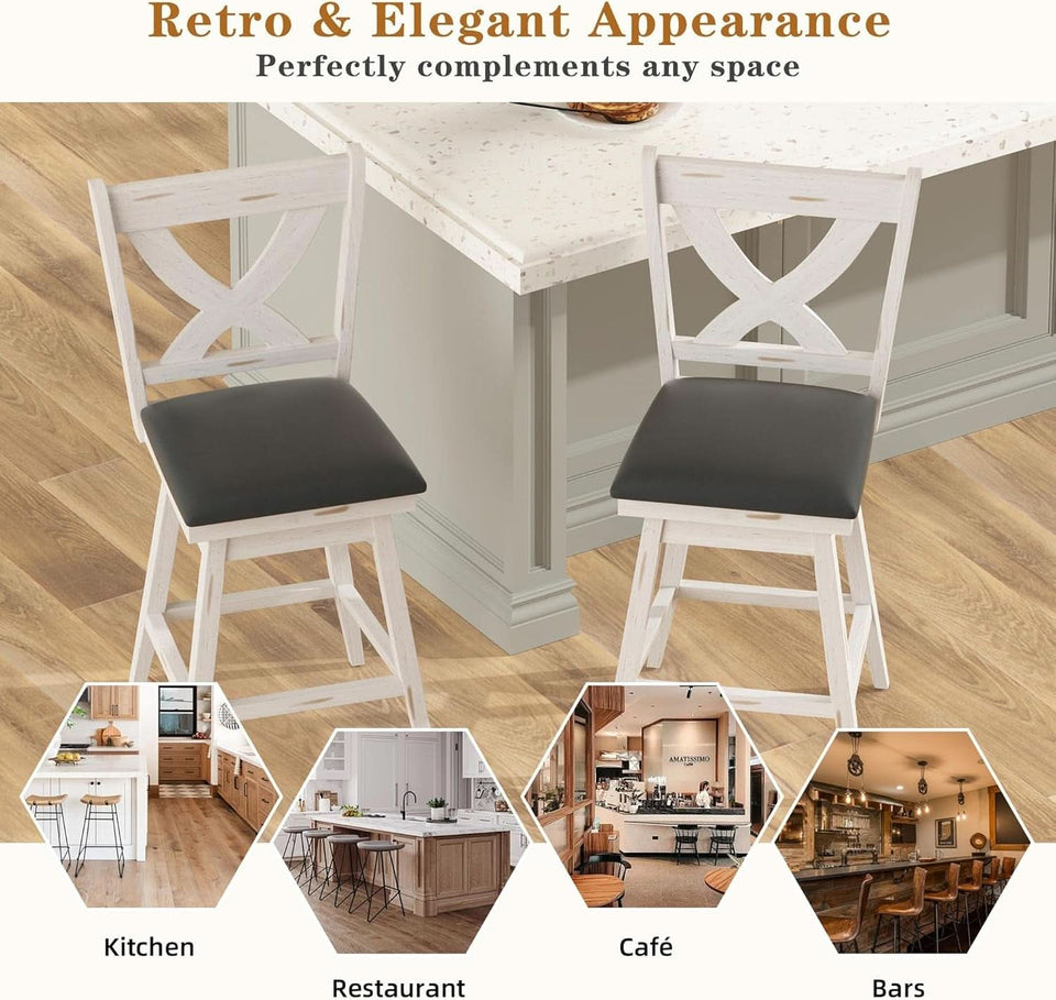 24 Inch Counter Height Bar Stools With 360 Degree Swivel And Grey Faux Leather Seat