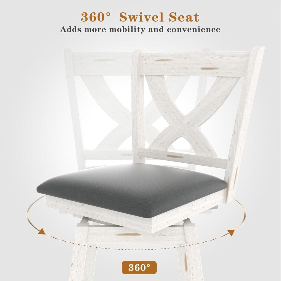 24 Inch Counter Height Bar Stools With 360 Degree Swivel And Grey Faux Leather Seat