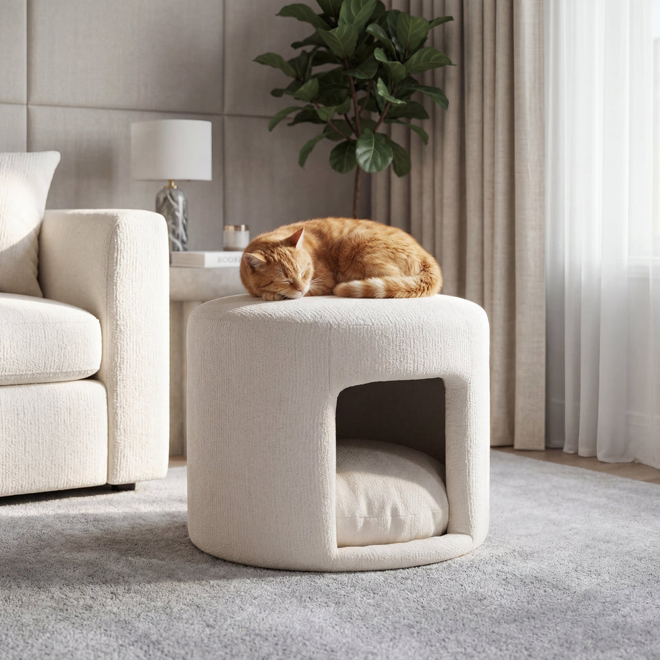 Beige Pet-Friendly Ottoman with Removable Pet Cushion and Hidden Nook