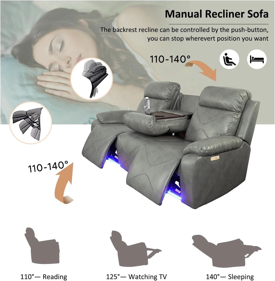 Power Leather Recliner Sofa Set, 2 Piece With LED Lights And USB Ports, Grey