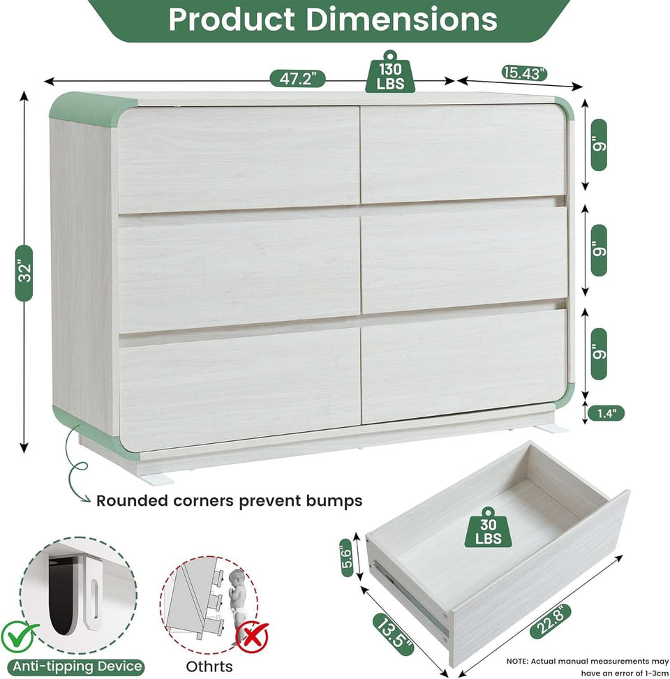 47 Inch White Dresser With Six Drawers Anti Tip Design