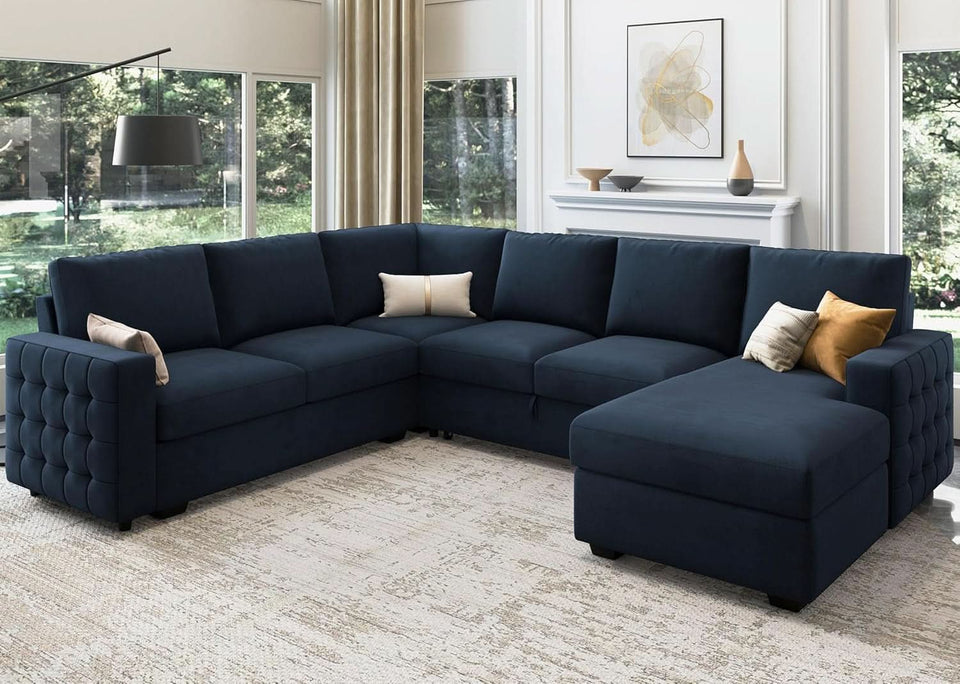 Blue Velvet U Shaped Sleeper Sofa With Pull Out Bed