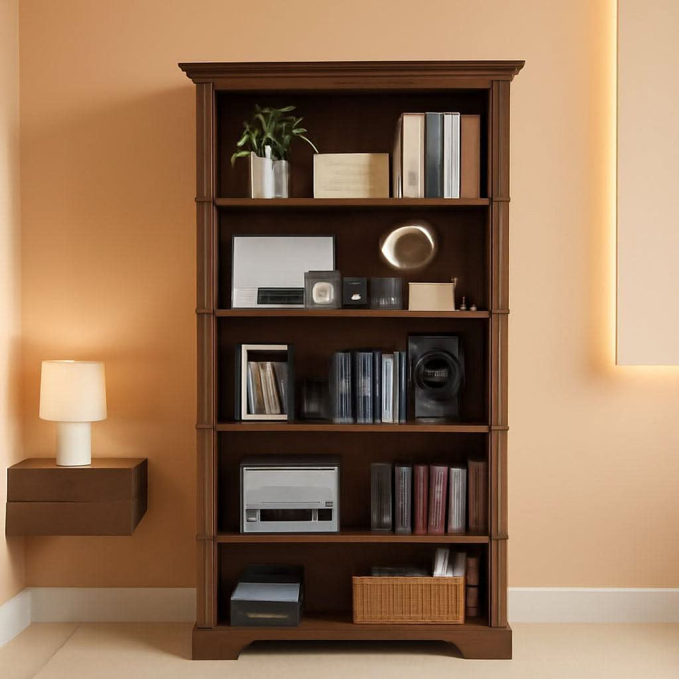 65-Inch Tall Brown Wooden Bookshelf With Five Tiers