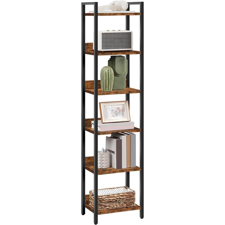 Six Tier Standing Bookcase In Rustic Brown And Black For Small Spaces