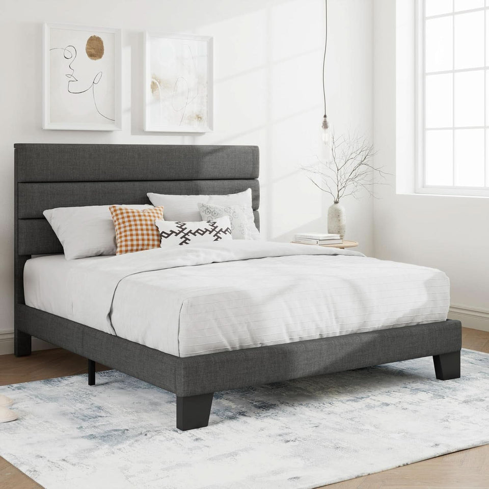 Full Size Upholstered Bed Frame With Grey Headboard