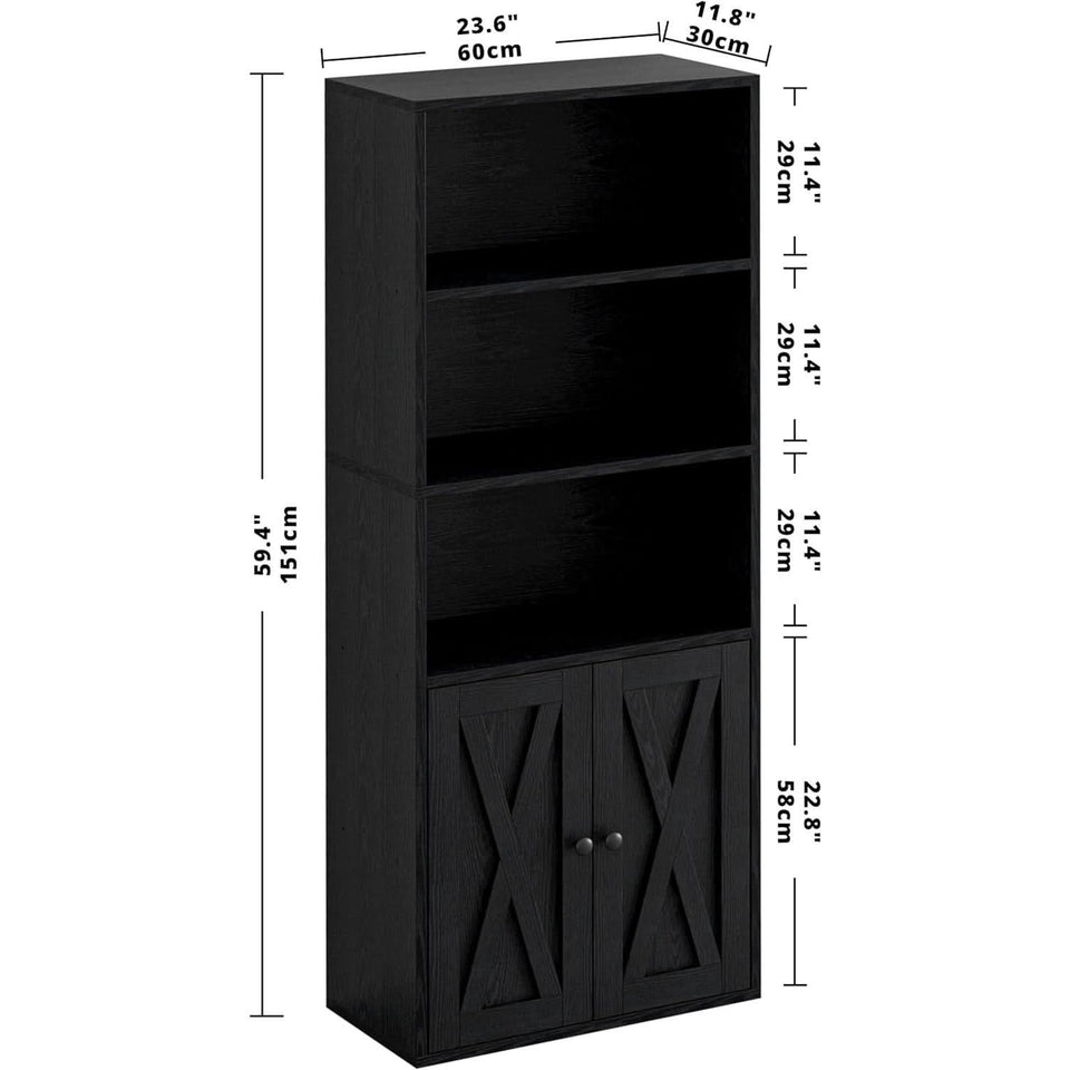 Industrial Bookshelf With Doors 11.8 Inch Depth 5 Shelves