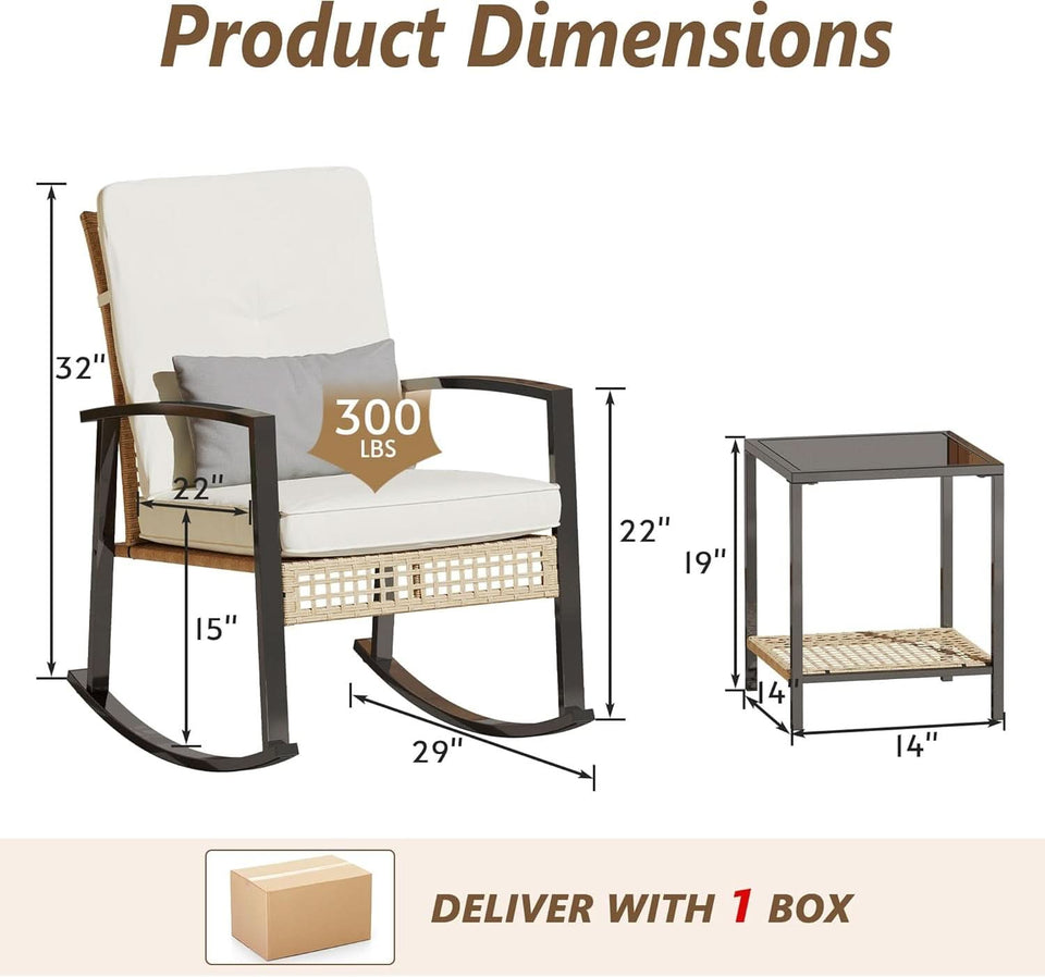 Beige Patio Rocking Chairs Set With Glass Coffee Table