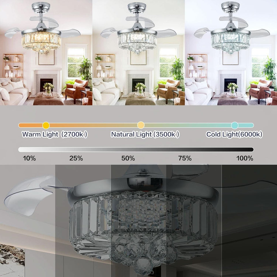 30 Inch Crystal Chandelier Ceiling Fan With Retractable Blades