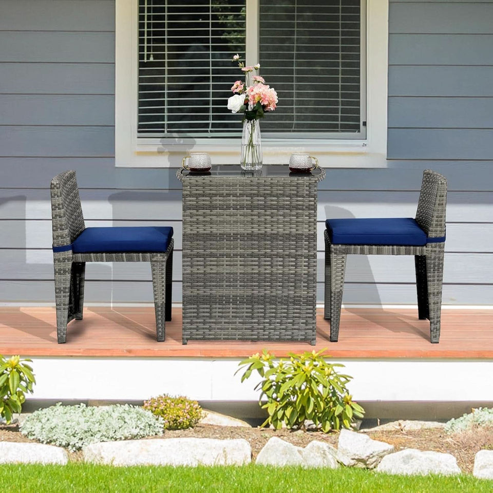 Grey Wicker Outdoor Patio Bistro Set With Glass Table