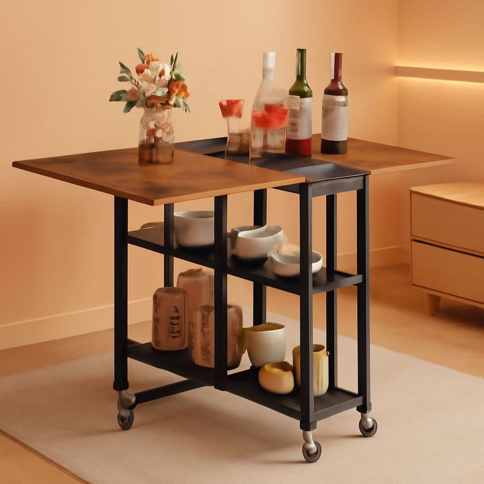 Rustic Brown Expandable Folding Dining Table With 6 Wheels
