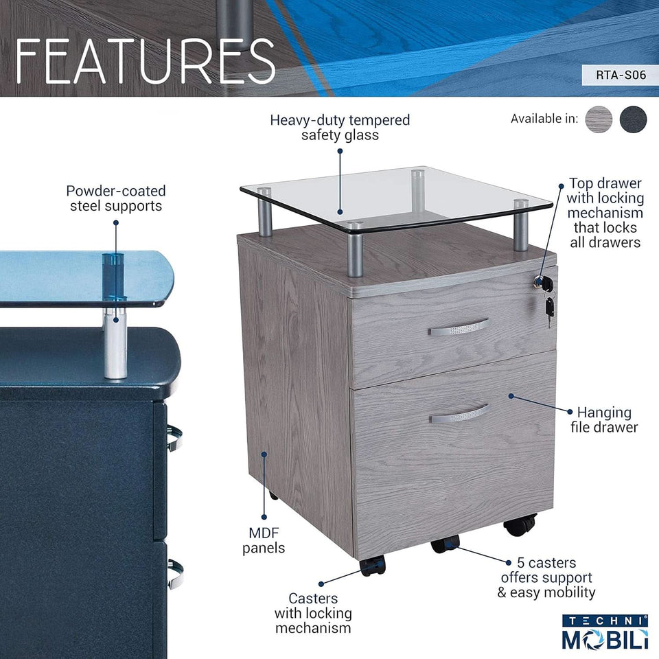 Two Drawer Rolling File Cabinet With Lock And Glass Top Under Desk Printer Stand Grey Office Furniture