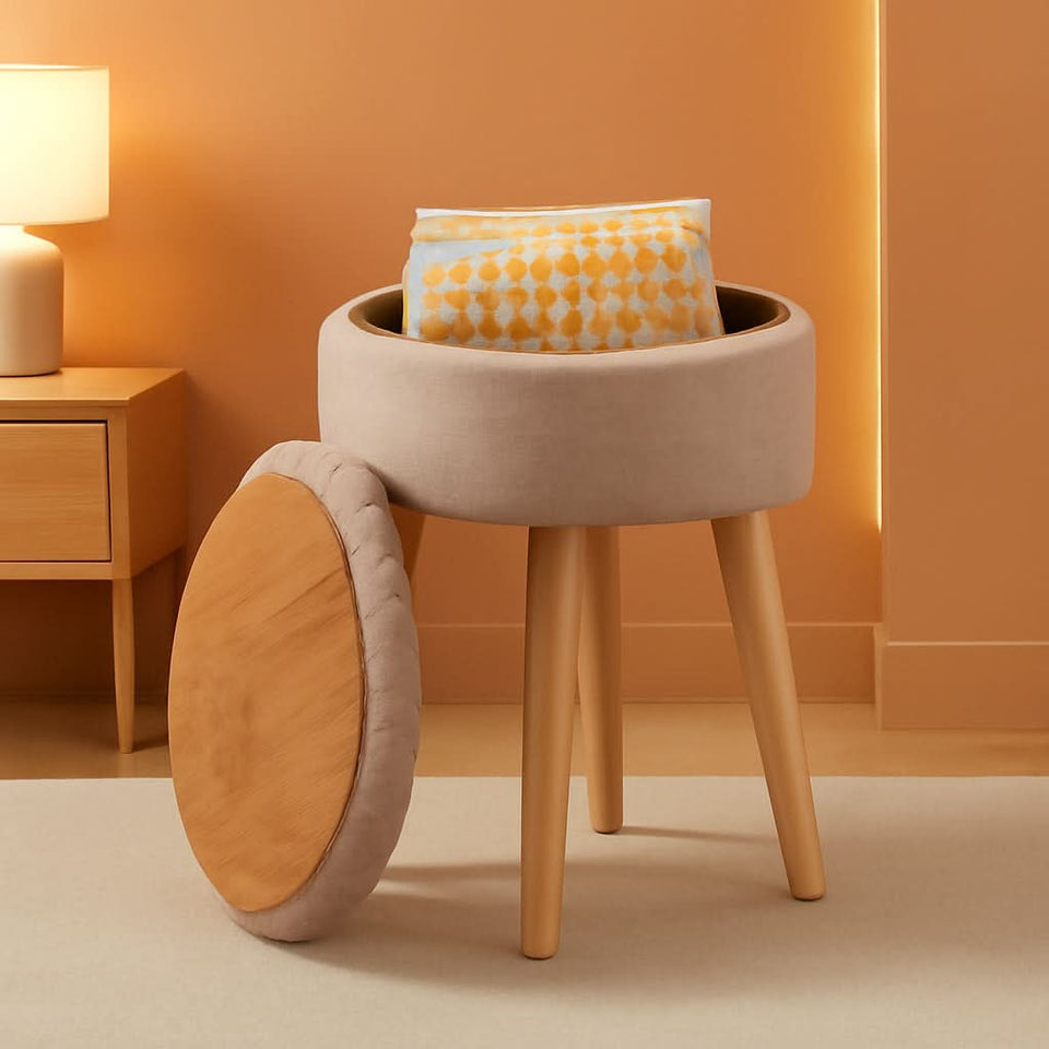 Khaki Linen Storage Velvet Upholstered Ottoman With Tray