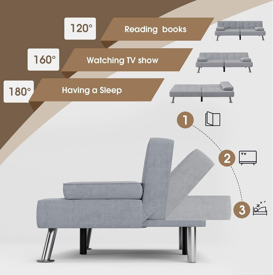 Futon Sofa Bed Light Grey Linen With Cup Holders Removable Armrests