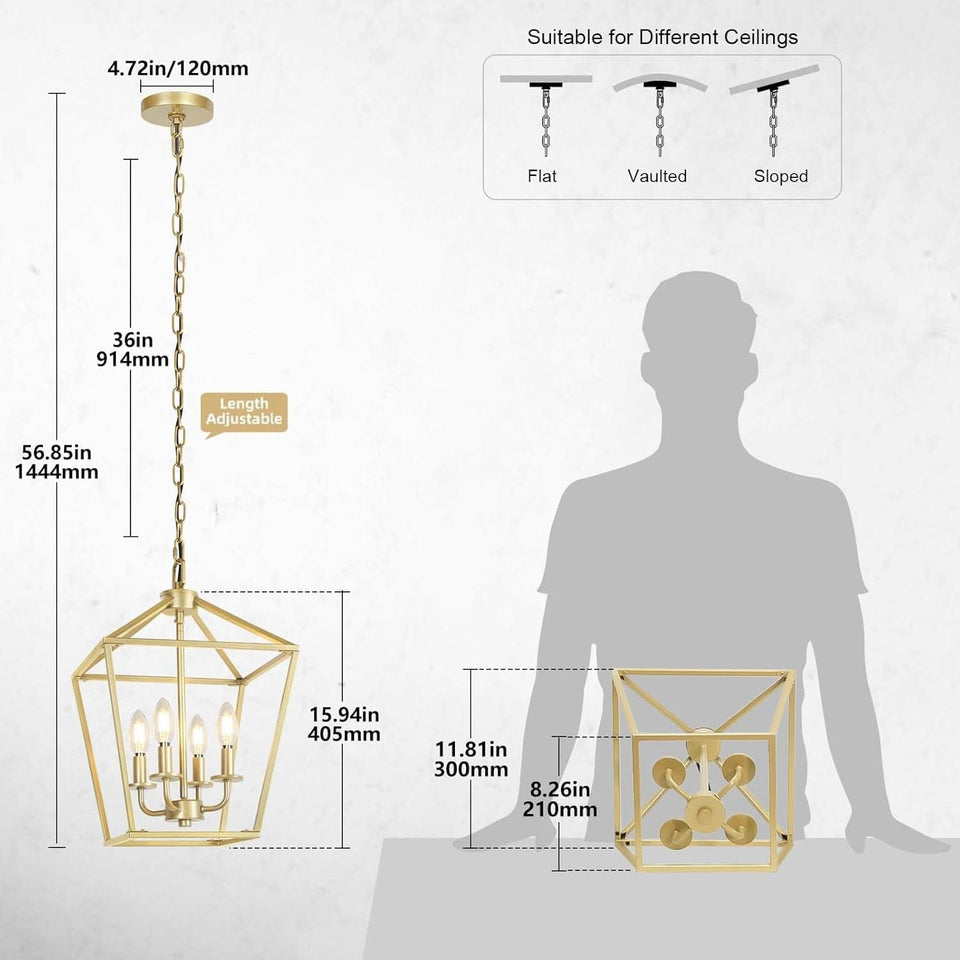 Industrial Gold Lantern Chandelier 4 Light Adjustable
