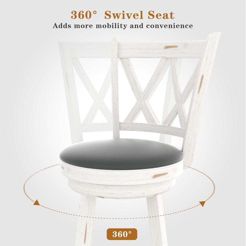 29 Inch Bar Height Swivel Stool Antique White Set Of 2 With Upholstered Seat And Comfortable Padding