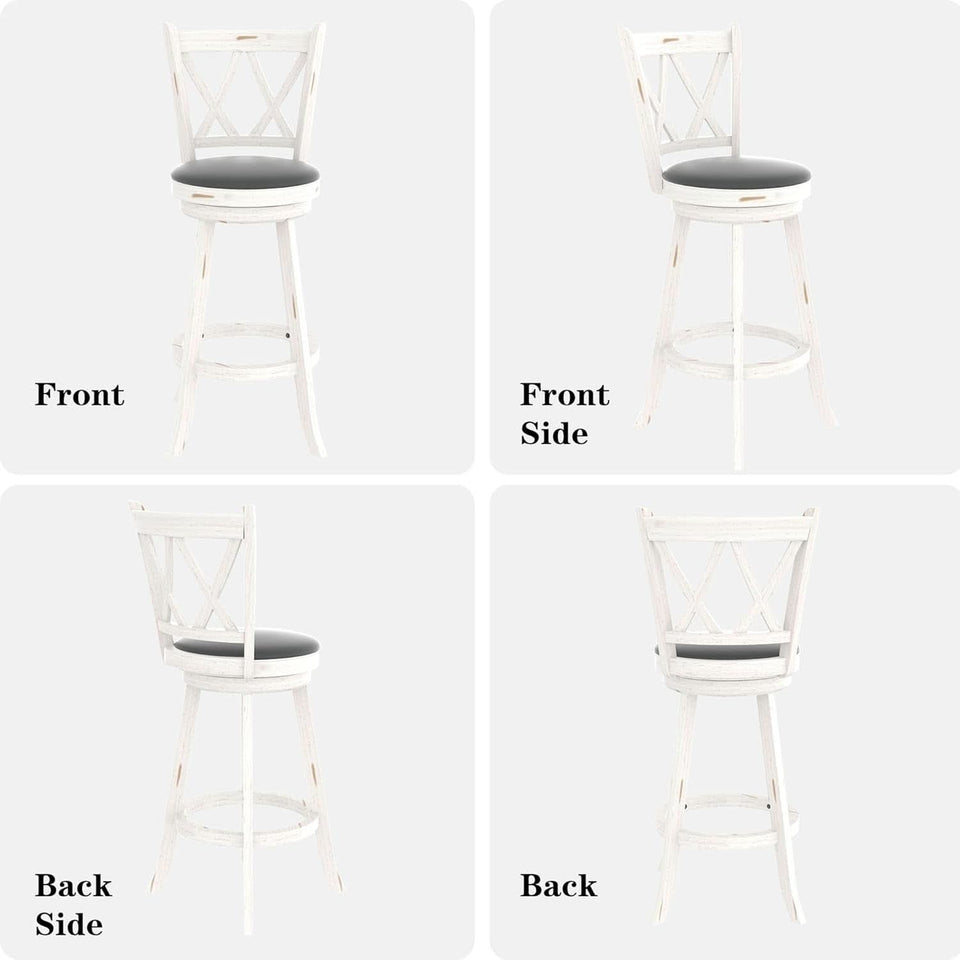 29 Inch Bar Height Swivel Stool Antique White Set Of 2 With Upholstered Seat And Comfortable Padding