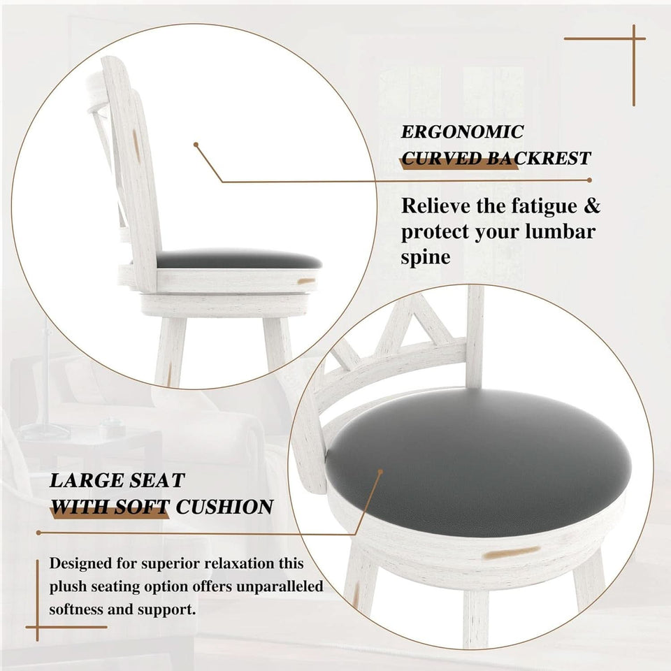 29 Inch Bar Height Swivel Stool Antique White Set Of 2 With Upholstered Seat And Comfortable Padding
