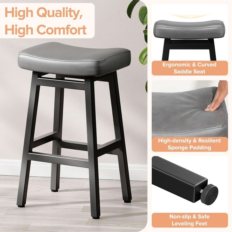 29 Inch Bar Stools Set of 2 All Black Bonded Leather Saddle Seats With Heavy Duty Metal Legs