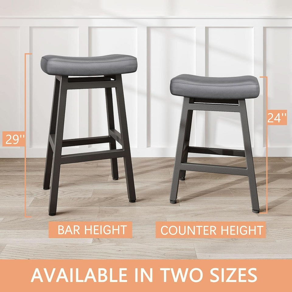 29 Inch Bar Stools Set of 2 All Black Bonded Leather Saddle Seats With Heavy Duty Metal Legs