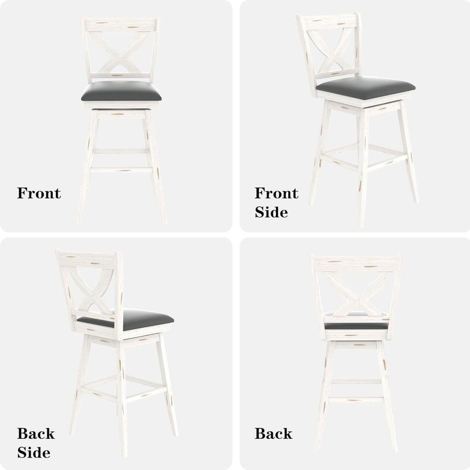 29 Inch Swivel Bar Stool With Grey Faux Leather Upholstery Antique White Wood Frame And Solid Wood Footrest Set Of 2