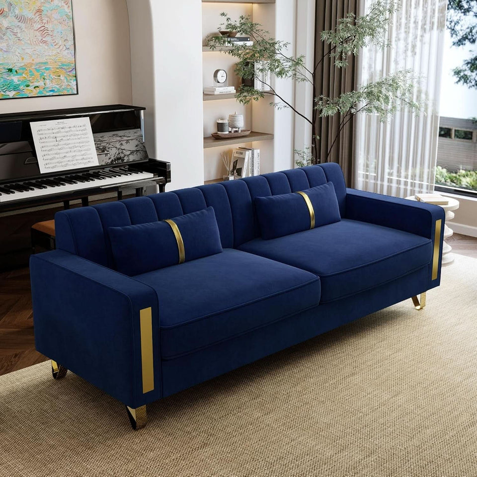 2 Piece Velvet Loveseat Sofa Set For Living Room 86 Inch Blue With Gold Metal Legs And 4 Pillows