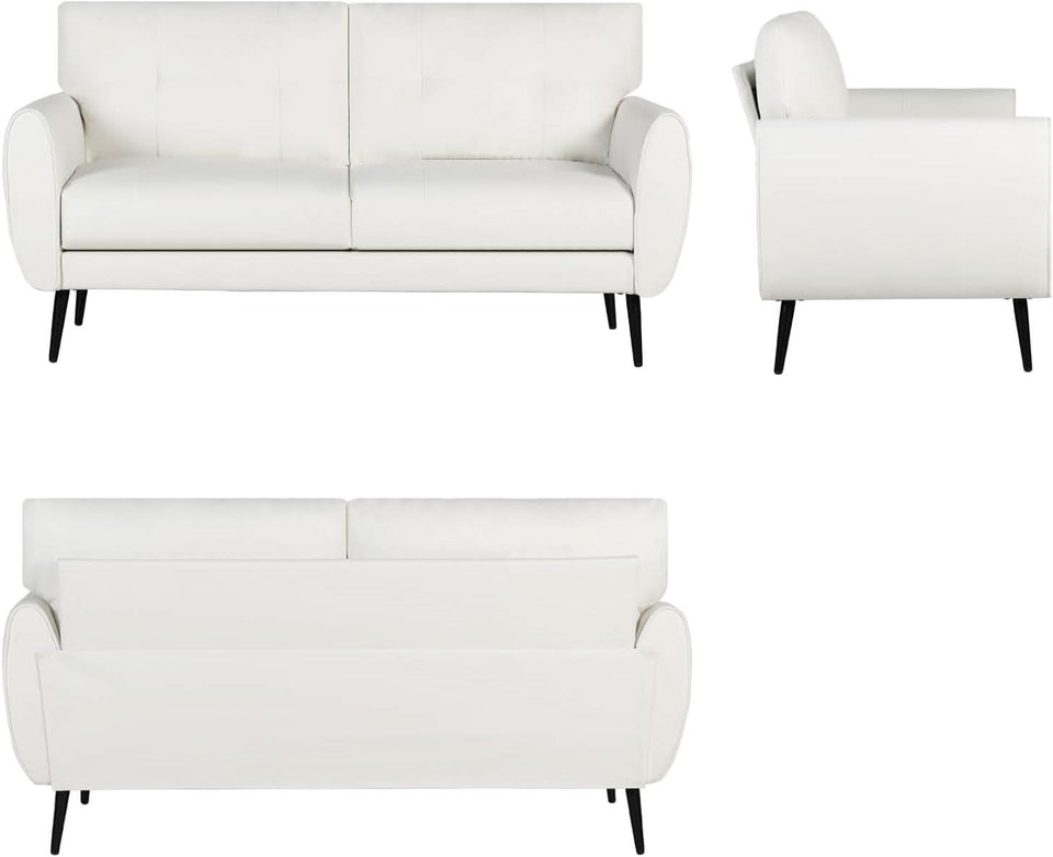 White Leather Loveseat Mid Century Modern Button Tufted
