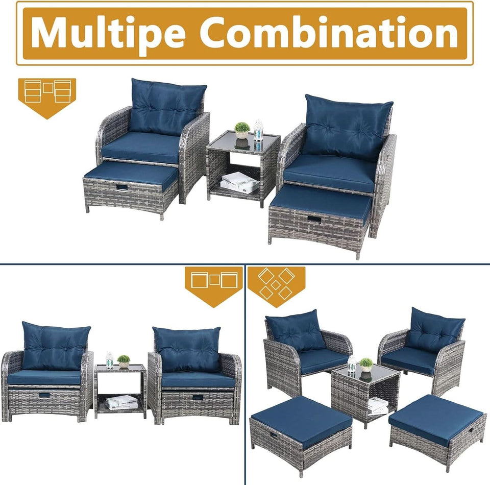 5 Pieces Wicker Outdoor Patio Chairs Set With Ottoman Blue