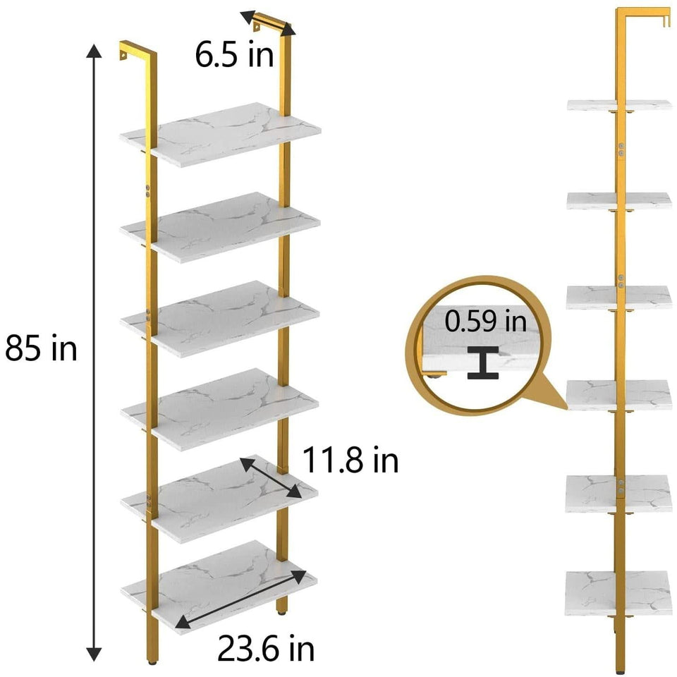 Marble White 6 Tier Ladder Shelf Bookcase Wall Mounted