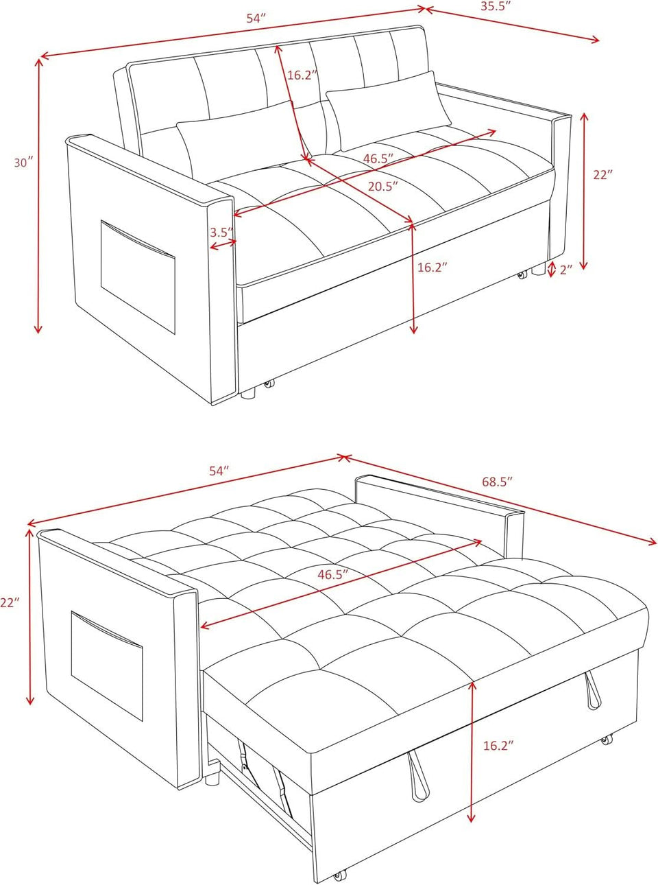 54 Inches Convertible Sofa Bed With Adjustable Backrest