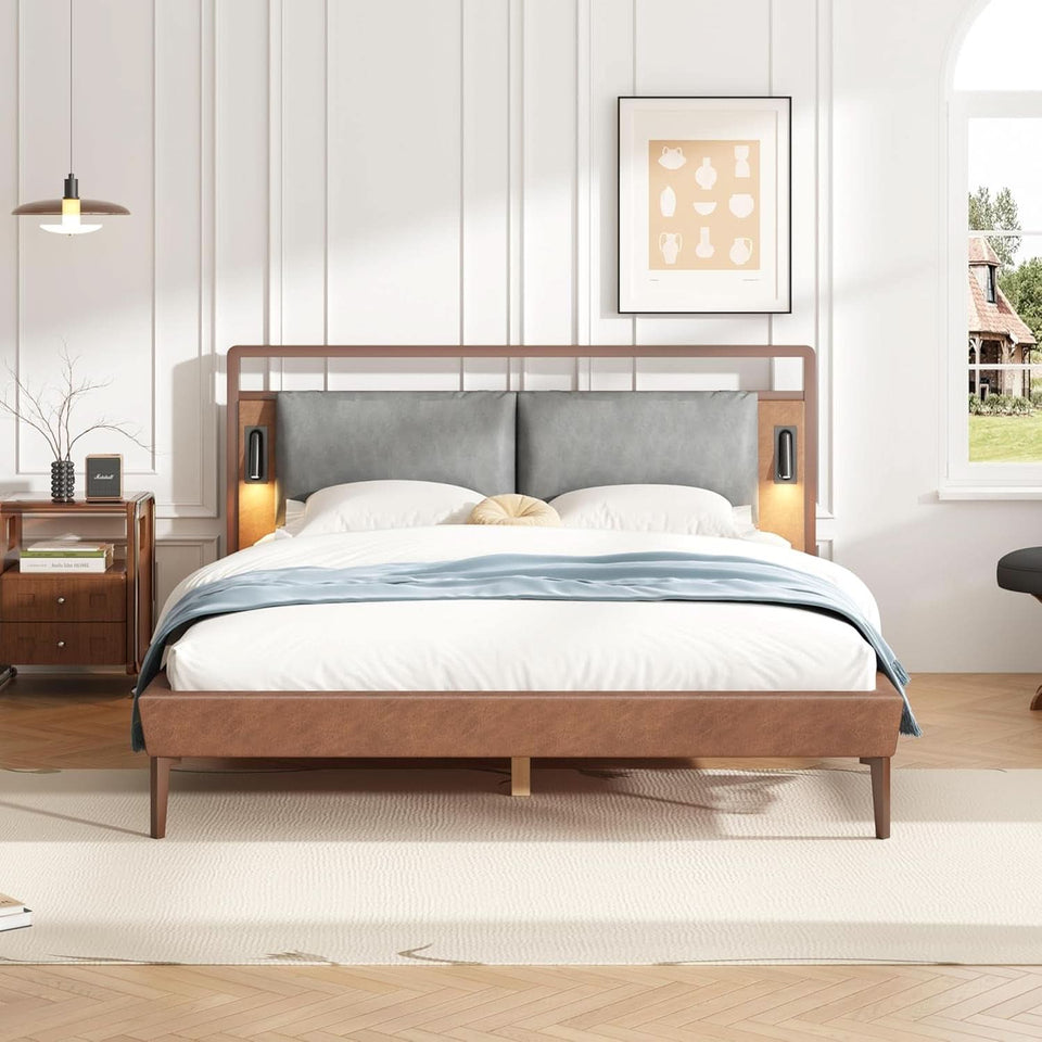 Brown Upholstered Bed Frame With Integrated Night Lights