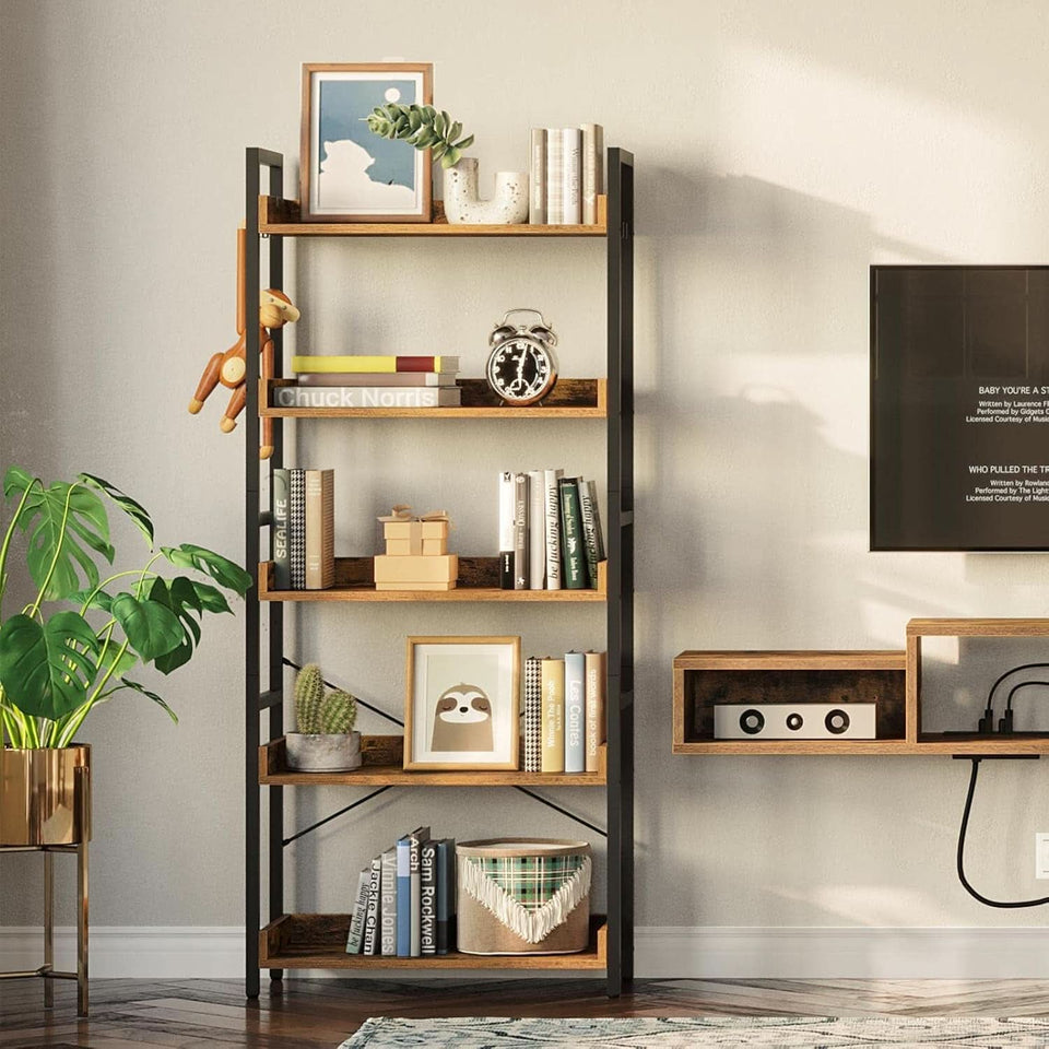 Industrial Rustic Brown Wood Five Tier Bookcase Metal Frame