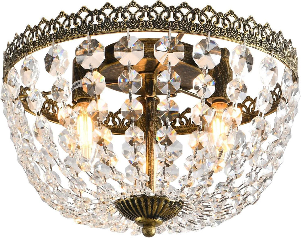 Three Light French Empire Crystal Chandelier Antique Bronze Dimmable Flush Mount