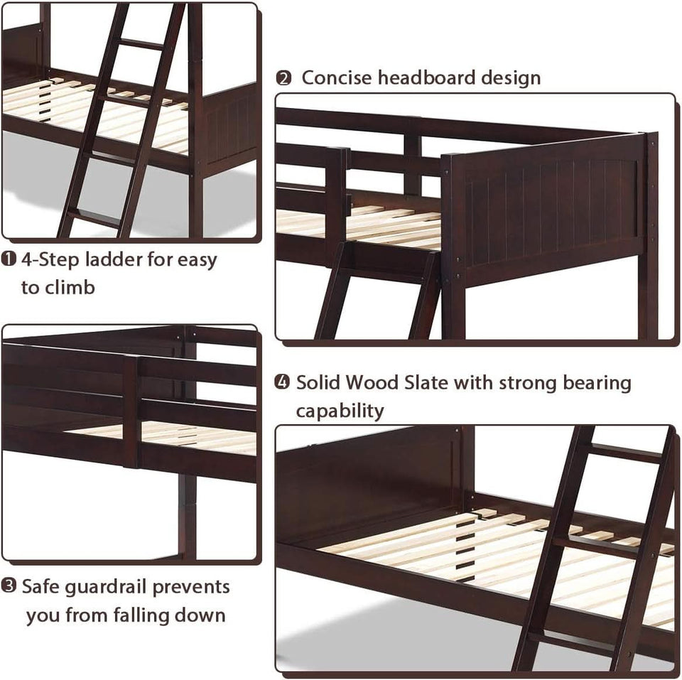 Twin Over Twin Bunk Bed Espresso With Safety Rails