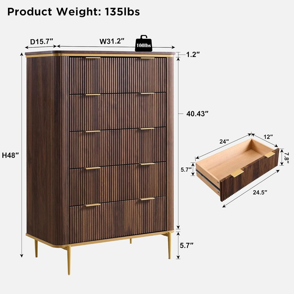 Fluted Five Drawer Dresser Contemporary Dark Walnut