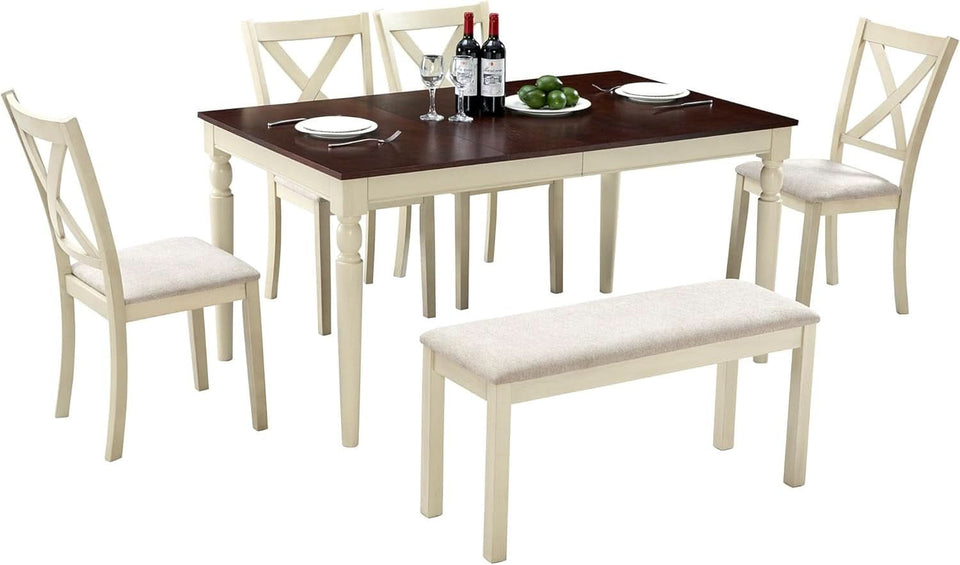 Sixty Inch Solid Wood Walnut Finish Dining Table Set Upholstered Chairs