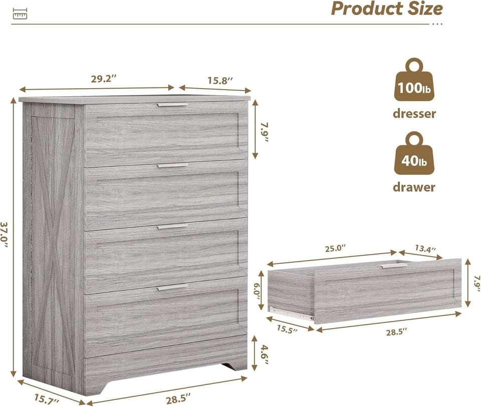 Washed Grey Farmhouse 4 Drawer Distinctive Dresser