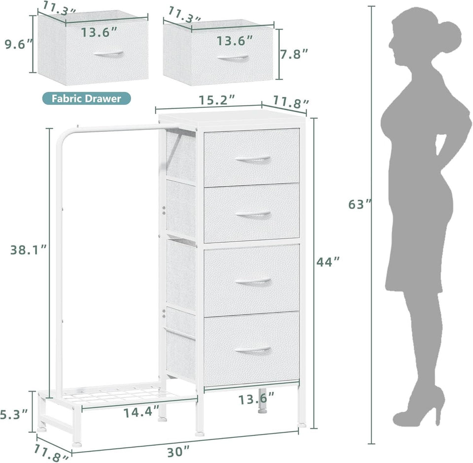 Dresser With Hanging Rack 4 Drawer White 44 Inch Tall