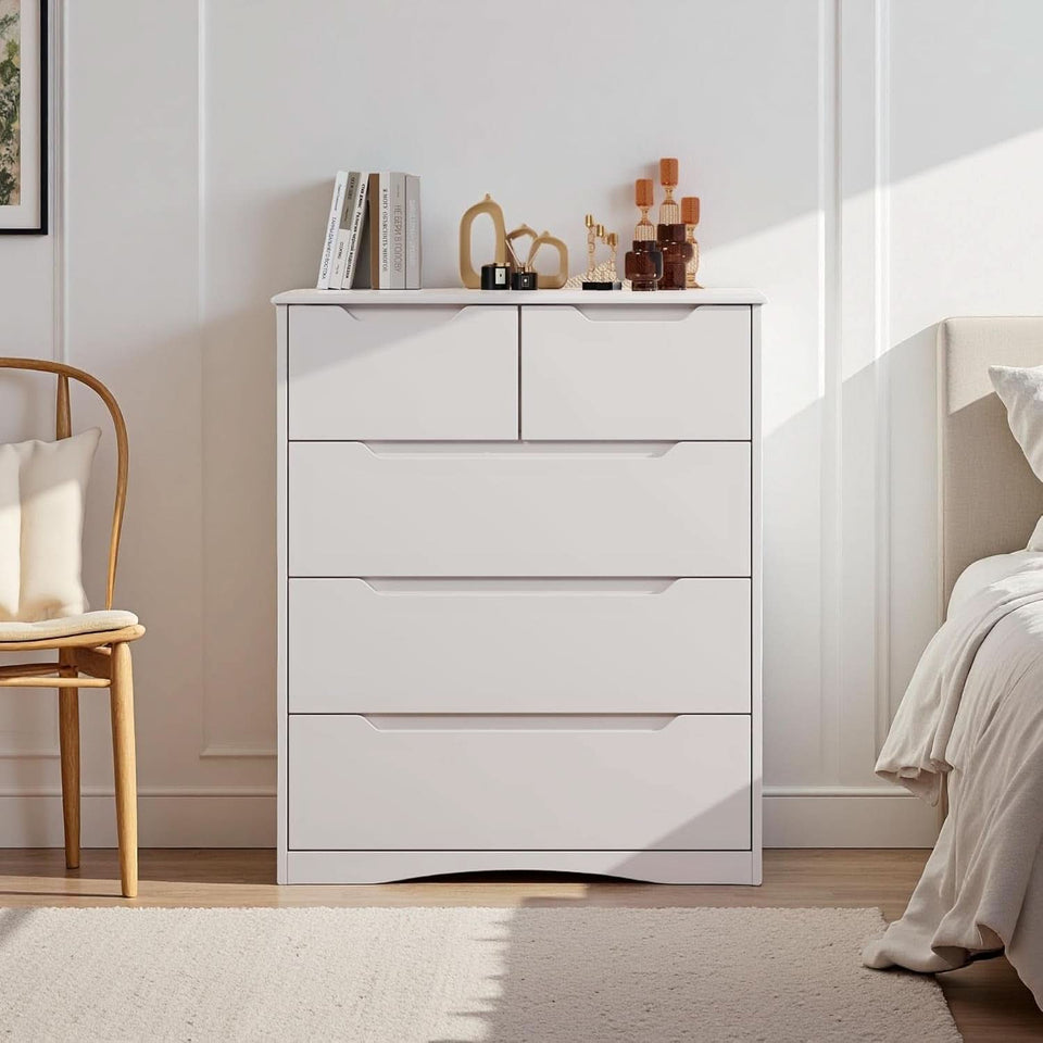 White Five Drawer Dresser With Premium StorageSpace