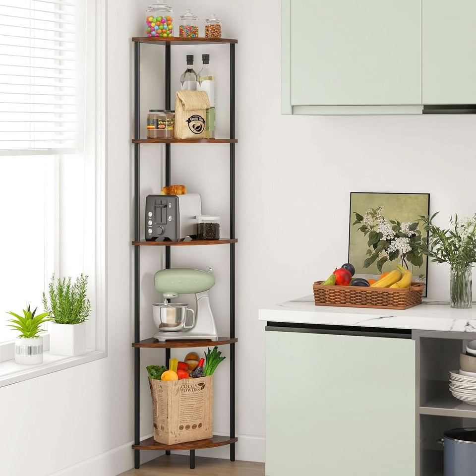 65 Inch Rustic Corner Shelf Stand 5 Tier Bookshelf