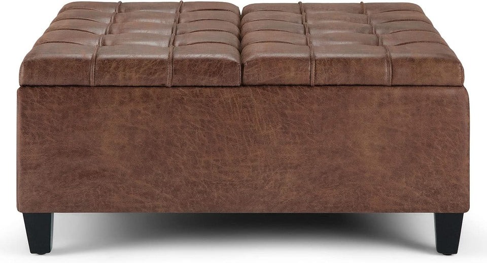 Distressed Umber 36 Inch Storage Ottoman Vegan Faux Leather
