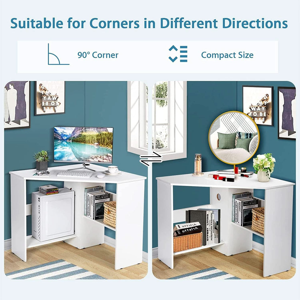 Compact White Corner Desk With Storage Shelves For Home Office